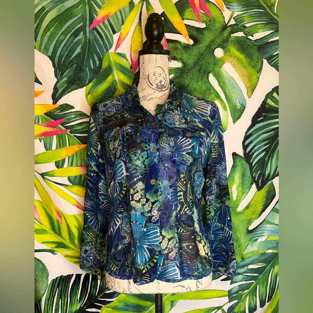 Y2k Chico’s Mp/8p 100% Silk Blue Abstract Sequin Embroidered Button Down Blouse